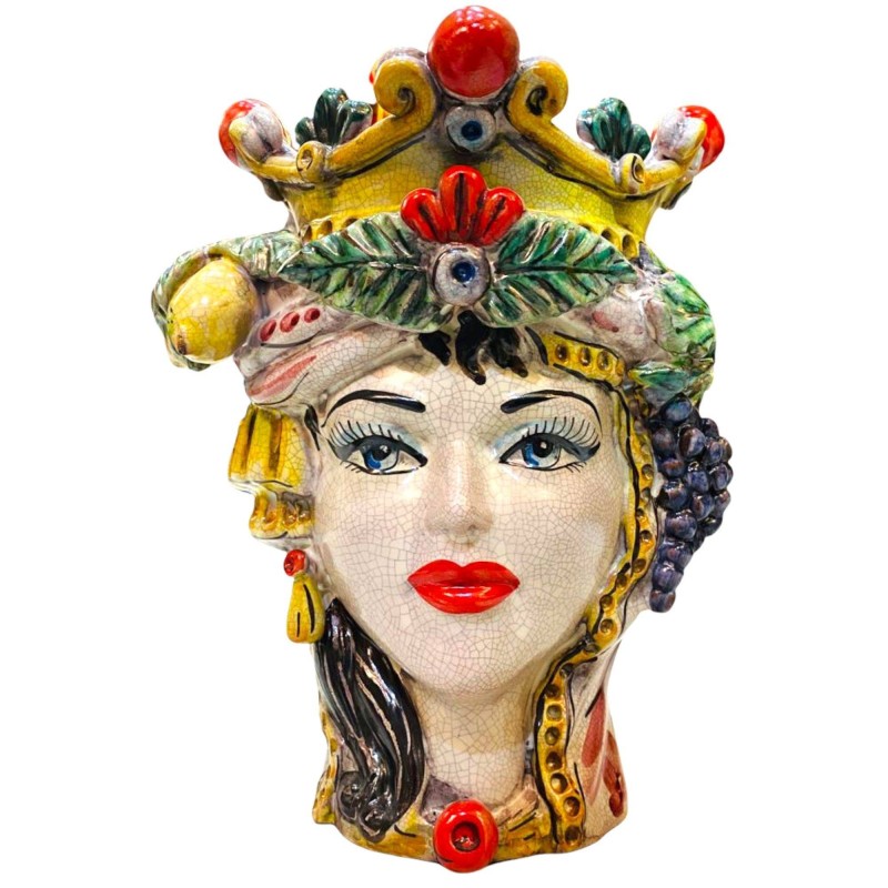 Klassieke Sicilian hoofd met kroon en fruit, antieke raad Craquele, keramische Caltagirone lengte ongeveer 27 cm - 