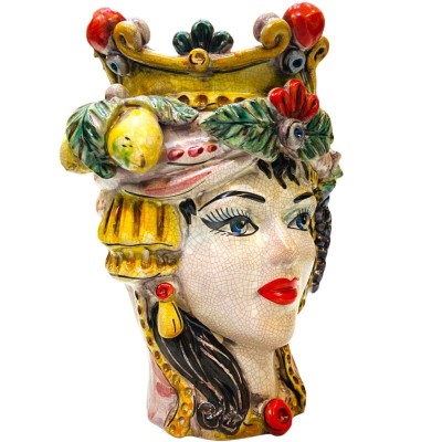 Tête sicilienne classique avec couronne et fruit, émail Craquele ancien, céramique de Caltagirone, hauteur environ 27 cm