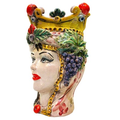 Classic Sicilian head with crown and fruit, ancient Craquele enamel, Caltagirone ceramic, height about 27 cm - 