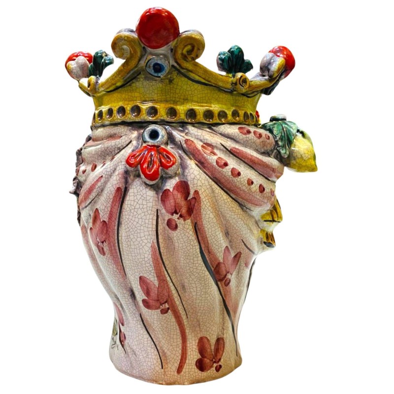 Classic Sicilian head with crown and fruit, ancient Craquele enamel, Caltagirone ceramic, height about 27 cm - 