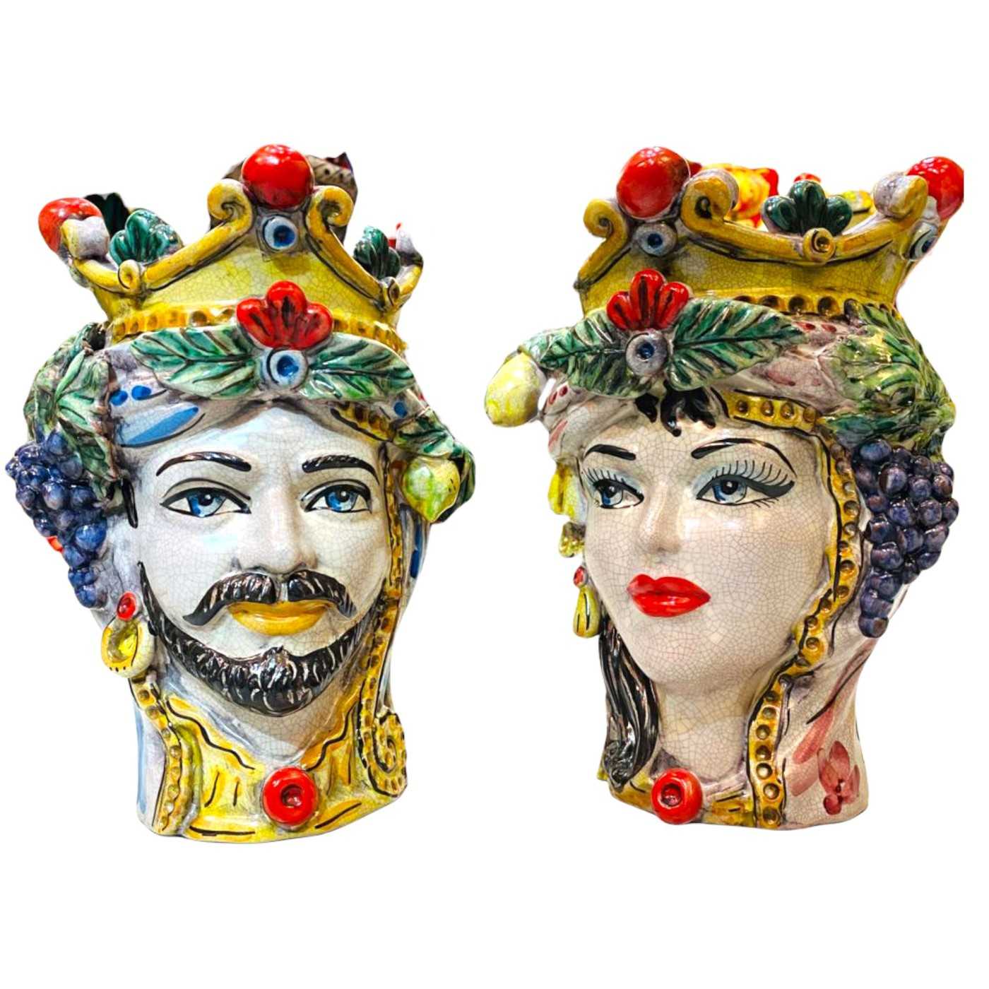 Classic Sicilian head with crown and fruit, ancient Craquele enamel, Caltagirone  ceramic, height about 27 cm SELECTED VERSION OPTION Woman