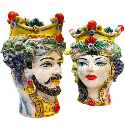 Klassieke Sicilian hoofd met kroon en fruit, antieke raad Craquele, keramische Caltagirone lengte ongeveer 27 cm - 