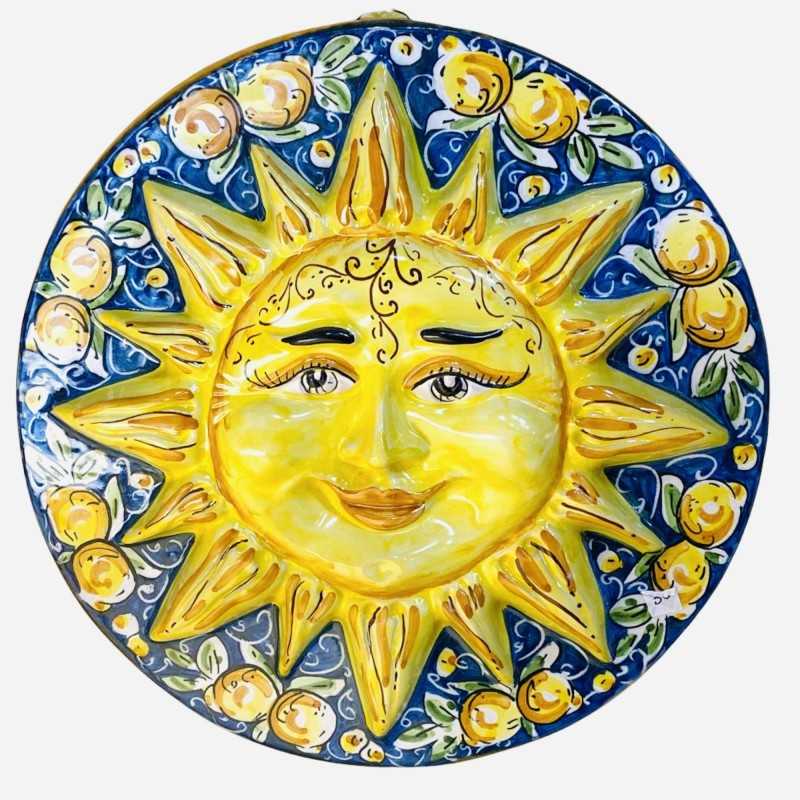 Disque soleil en céramique Caltagirone, décor citron sur fond bleu cobalt - diamètre environ 24 cm - 