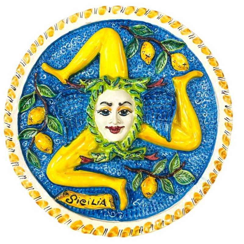 Disque en céramique sicilienne Trinacria avec citrons en relief - diamètre 38 cm - 