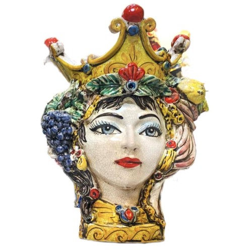Tête de Caltagirone Moro classique avec couronne et fruit, émail craquelé mat - hauteur environ 35 cm