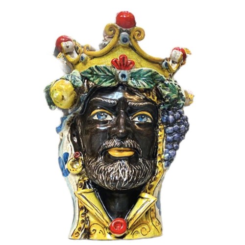 Klassischer Caltagirone-Moros-Kopf mit Krone und Frucht, mattes Craquelé-Email – Höhe ca. 35 cm -  2