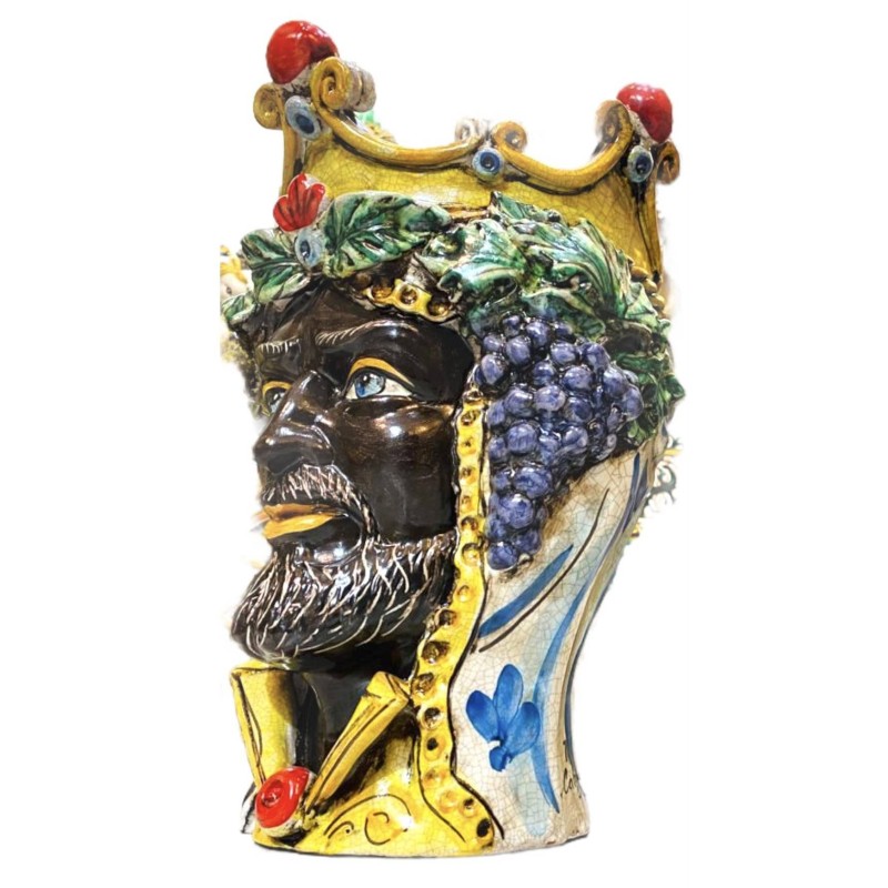 Testa di Moro Caltagirone Classica com coroa e frutas, esmalte craquele opaco - altura cerca de 35 cm - 