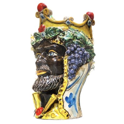 Klassischer Caltagirone-Moros-Kopf mit Krone und Frucht, mattes Craquelé-Email – Höhe ca. 35 cm - 