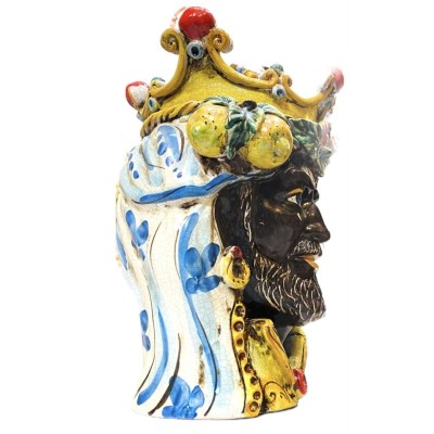 Testa di Moro Caltagirone Classica con Corona y Fruto, esmalte craquelado opaco - altura unos 35 cm - 