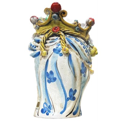 Klassischer Caltagirone-Moros-Kopf mit Krone und Frucht, mattes Craquelé-Email – Höhe ca. 35 cm - 