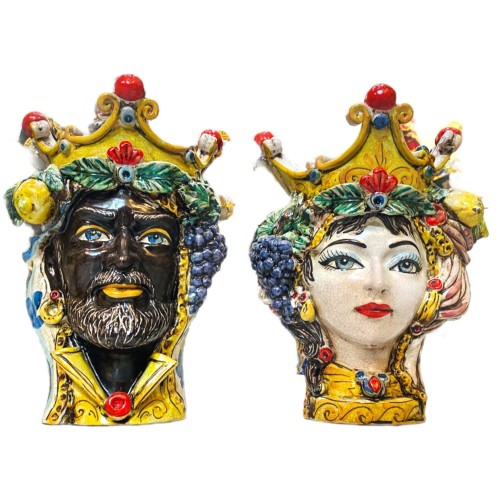 Klassischer Caltagirone-Moros-Kopf mit Krone und Frucht, mattes Craquelé-Email – Höhe ca. 35 cm - 