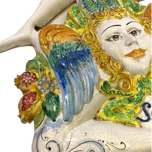 Trinacria Gigante in ceramica di Caltagirone h 62 cm c.a. modello con con Frutta e Smalto Craquelè MD1 -  2