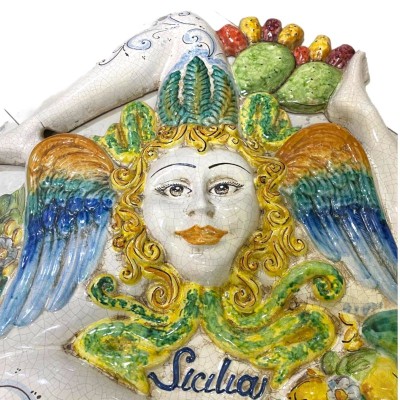 Riesige Trinacria aus Caltagirone-Keramik, ca. 62 cm ca Modell mit Früchten und Craquelé-Emaille MD1 - 