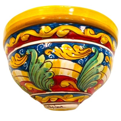 Pannier-Pflanztopf oder Wandaschenbecher, handverziert mit roten, blauen und barocken Verzierungen – Maße ca. 21 x 12 x 