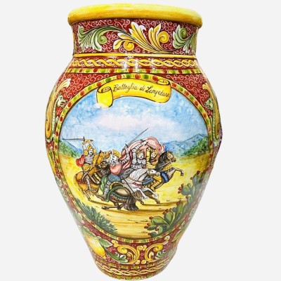 Gigantyczny słoik h ok. 80 cm. Dekoracja ceramiczna Caltagirone ze scenami sycylijskich paladynów i Orlando Furioso - 