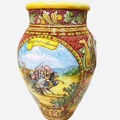 Gigantyczny słoik h ok. 80 cm. Dekoracja ceramiczna Caltagirone ze scenami sycylijskich paladynów i Orlando Furioso - 