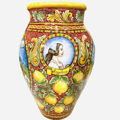 Gigantyczny słoik h ok. 80 cm. Dekoracja ceramiczna Caltagirone ze scenami sycylijskich paladynów i Orlando Furioso - 