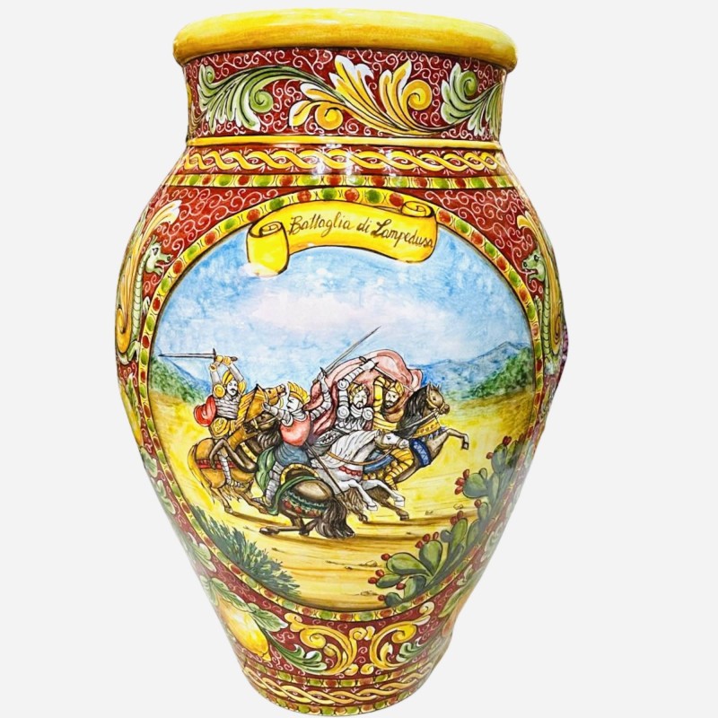 Grote pot h ca. 80 cm. Keramische decoratie uit Caltagirone met scènes van de Siciliaanse paladijnen en Orlando Furioso 